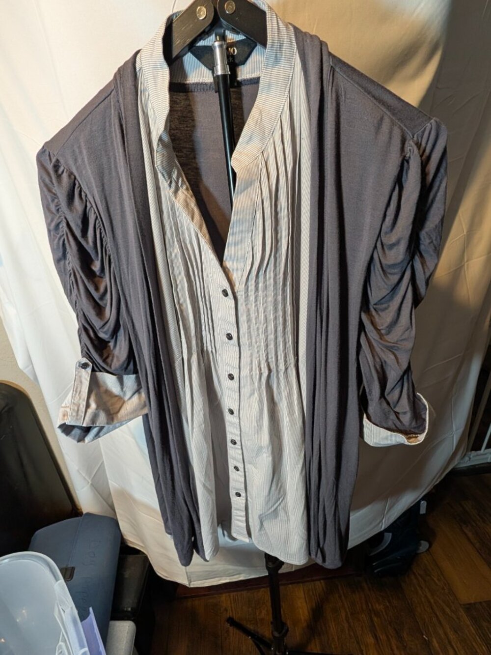 Como Black Sz XL Mock 2 Piece Women's Gray Pintuck Blouse Elastic Gather Sleeve